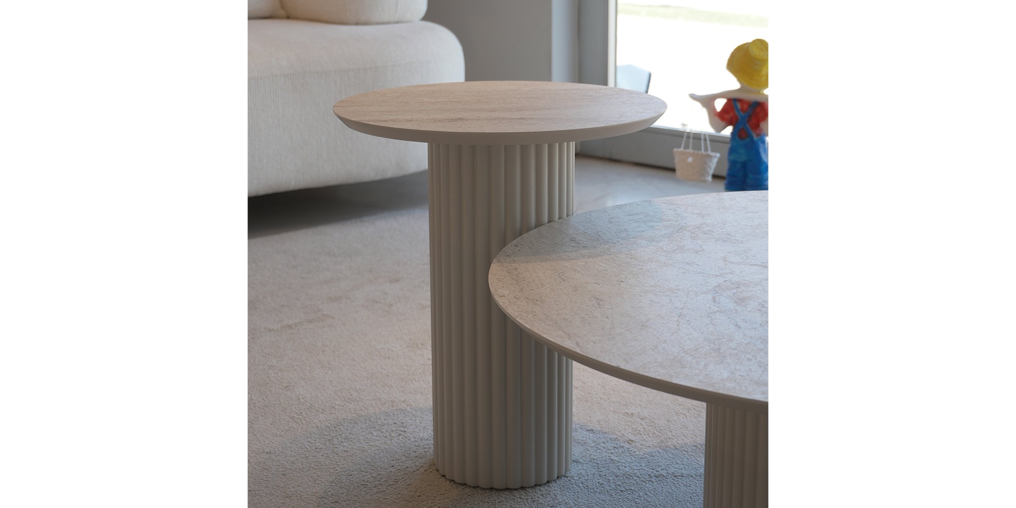 Traverten Yuvarlak Sehpa Seti