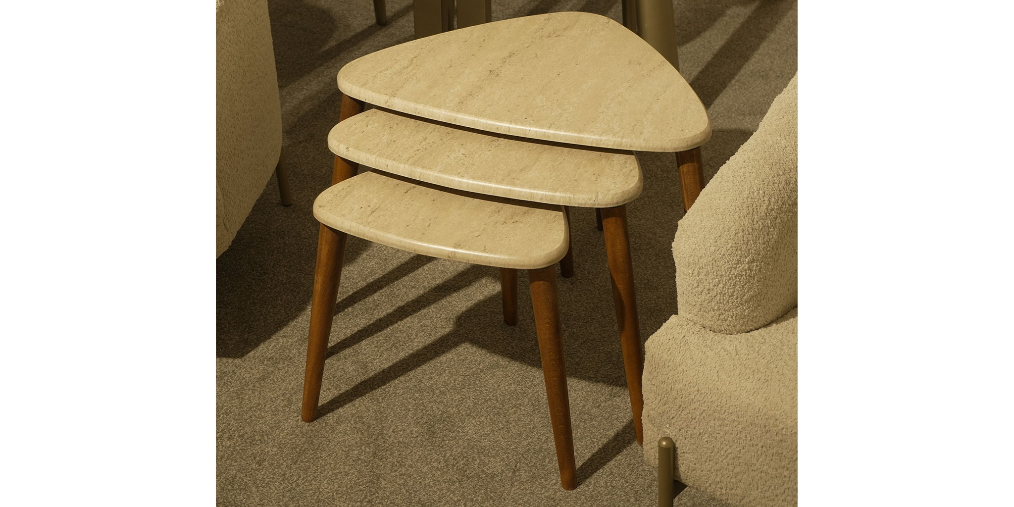 Üçlü Traverten Ceviz Zigon Sehpa