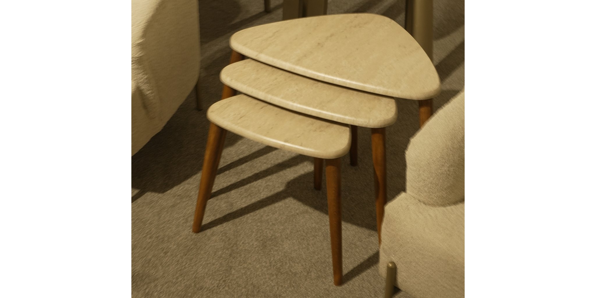 Üçlü Traverten Ceviz Zigon Sehpa